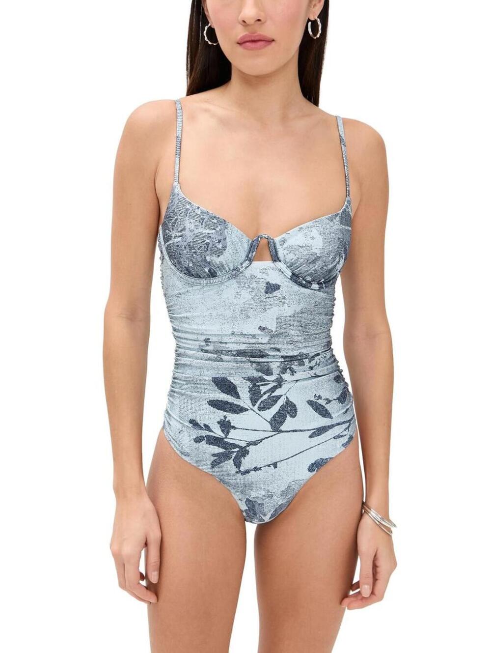 SIMKHAI Women's Laine Ruched One Piece, Sky Floral, L